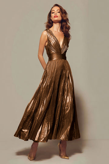 Pleated A-Line Gold Tea Length Formal Dress